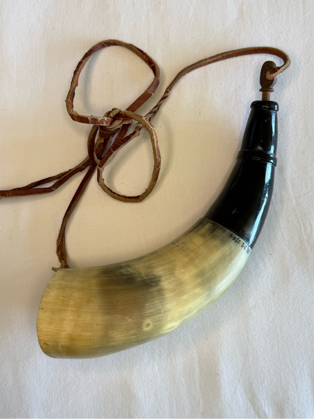 Vintage Powder Horn Decor Item Horn/Wood/Leather Strap and Date